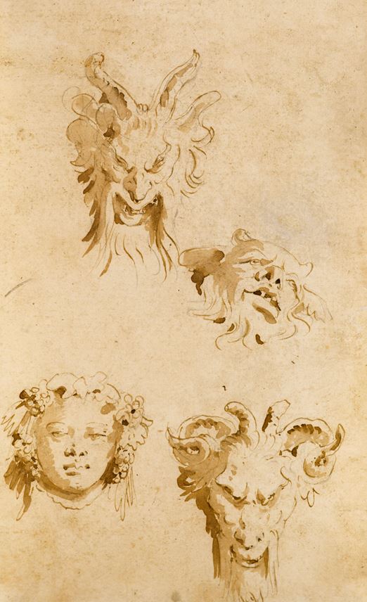 Giovanni Battista Tiepolo - A Sheet of Studies of Three Heads of Satyrs and the Head of Bacchus | MasterArt